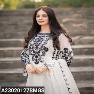 3 Pcs Women's Stitched Organza Embroidered Suit