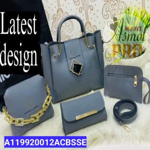 4 Pcs Women's PU Leather Plain Hand Bag Set grey